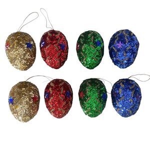 8 Christmas Tree Ornaments Pine Cone Handmade Sequins Beaded Blue Gold Red Green